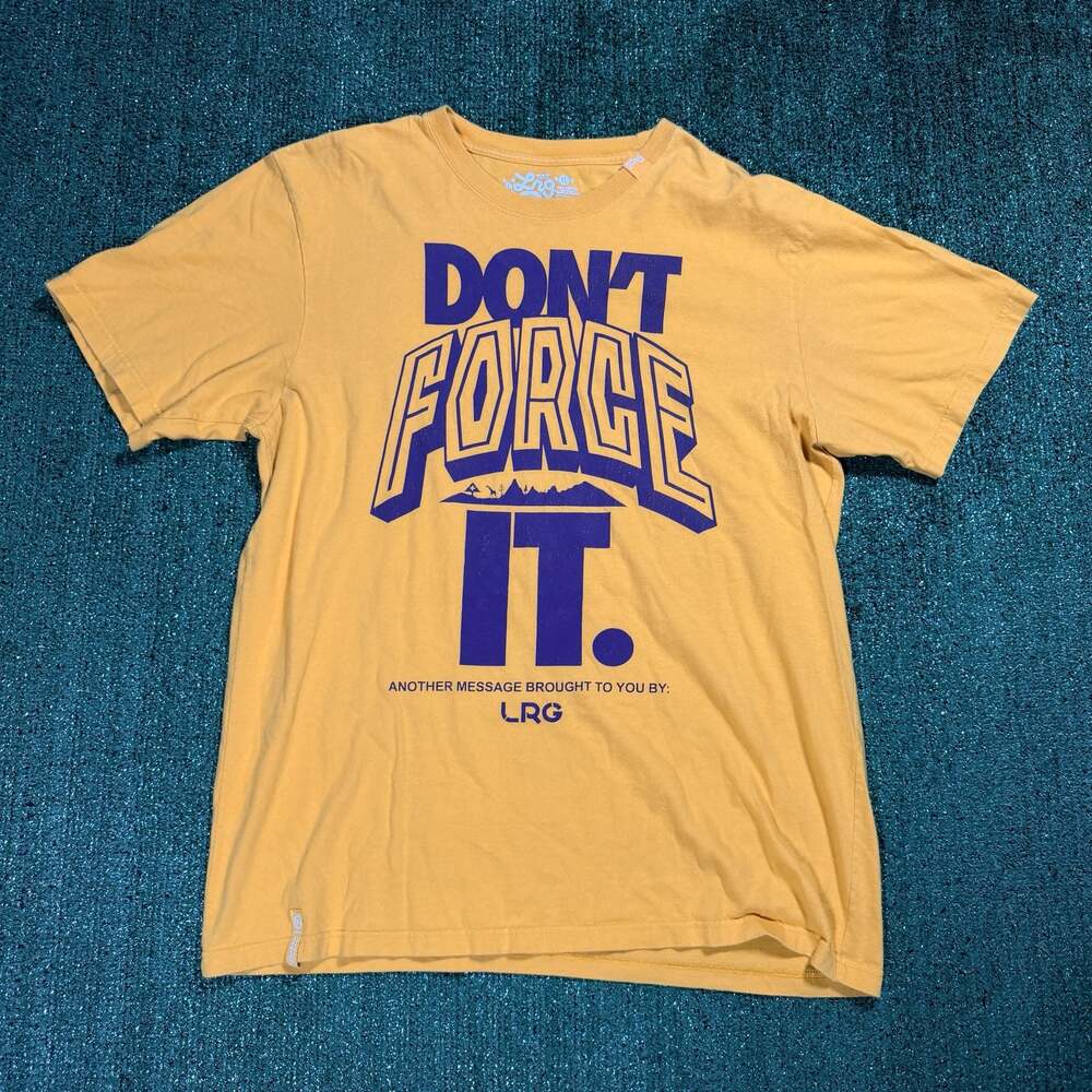 Y2K Mens LRG Don't Force It T-Shirt Mustard Yellow Purple XL